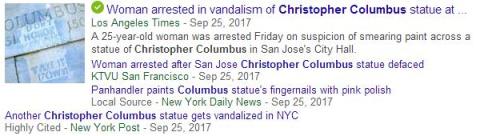 Woman arrested in vandalism of Christopher Columbus statue (Los Angeles Times) ... Another Christopher Columbus statue gets vandalized in NYC (New York Post)
